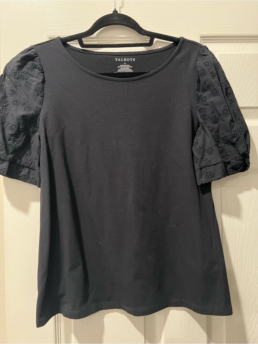 Talbots Black Puff-Sleeve Eyelet Cotton Tee